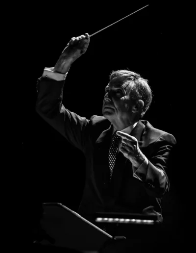 Carl Topilow conducting the No Name Pops in black & white